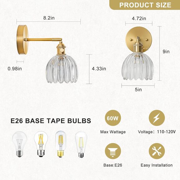 Wall Sconces Set of Two Hardwired, Vintage Sconce Light -Tulip Transparent Glass - Picture 5 of 8